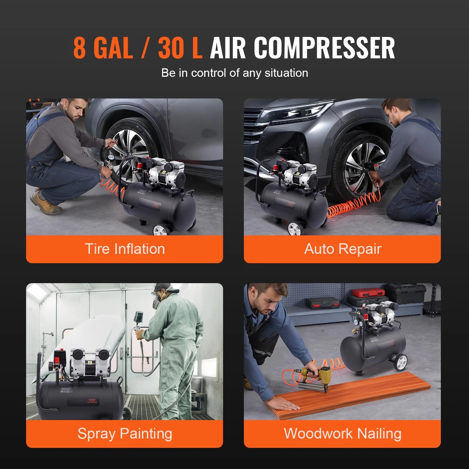 KFFKFF Air Compressor, 8 Gallon Tank, 1HP 2.2 CFM@90 PSI, Oil-Free, Max 120PSI, 80dB Quiet, Portable for Car Maintenance, Tire Filling, Painting