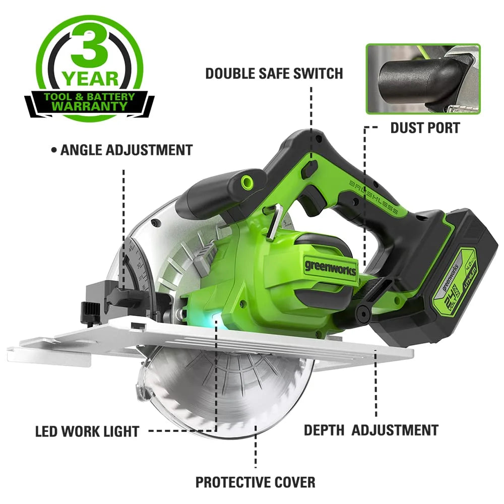 Greenworks 24V Brushless Cordless 7.25'' Circular Saw 4,500 RPM, with 4Ah Battery and 2A Charger