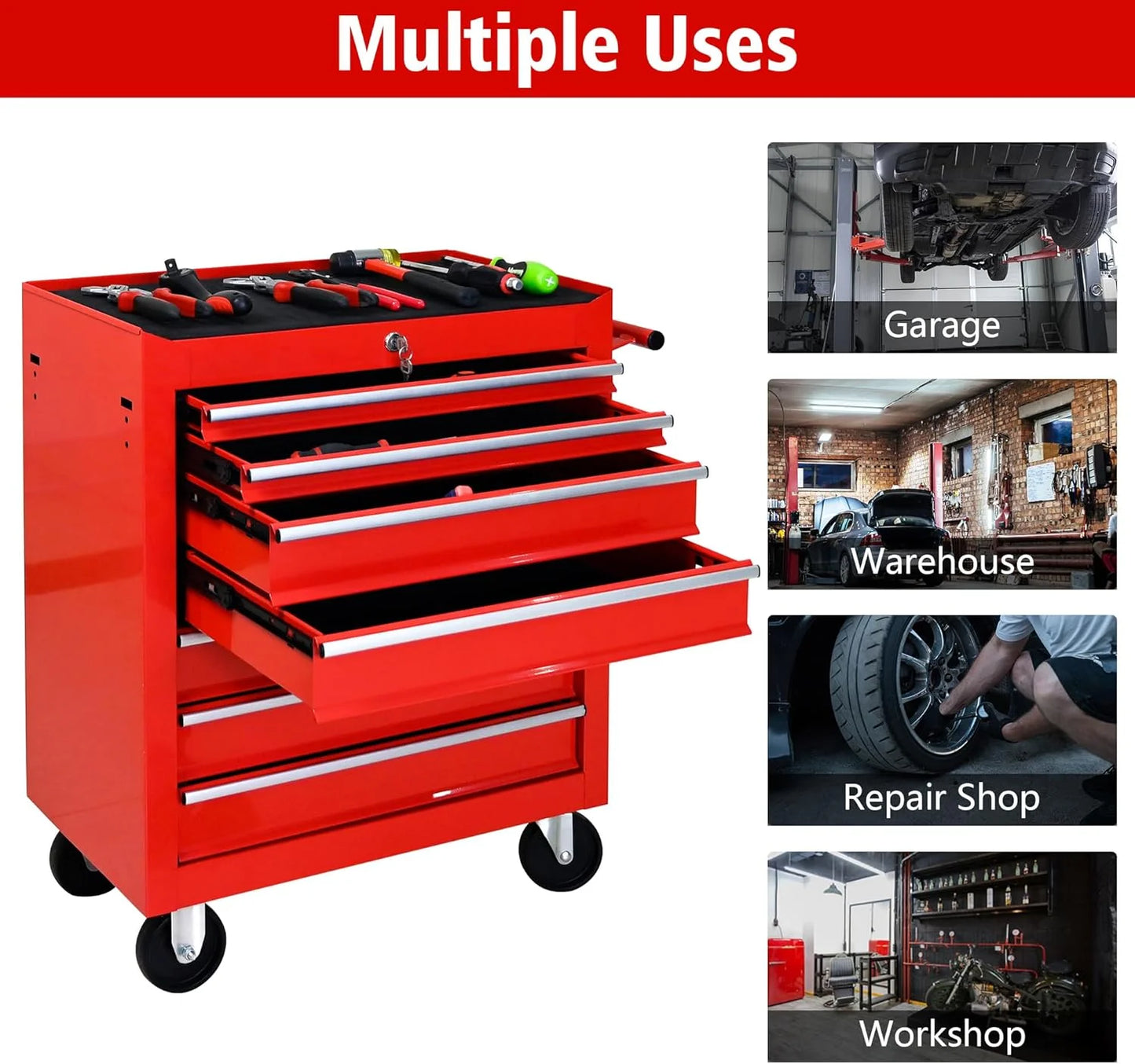 DSstyles Tool Chests, 7-Drawer Rolling Tool Storage Cabinet with Detachable Tray, Multi-Functional Handles, Adjustable Shelves, Secure Locking System, Heavy-Duty Wheels, Ideal for Garage, Workshop