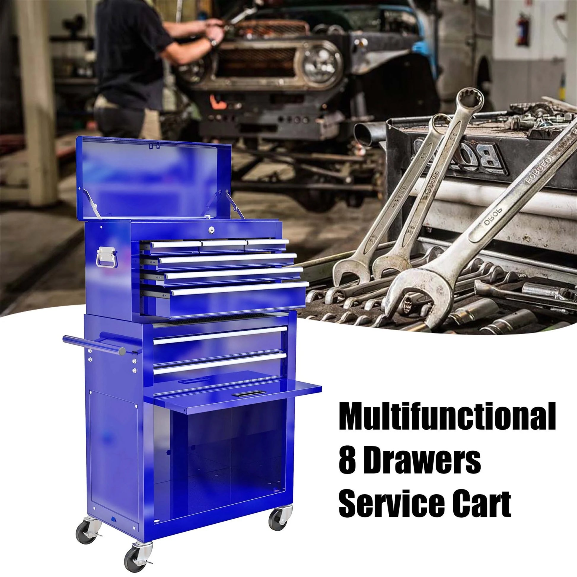Aukfa Tool Box, 2 in 1 Steel Rolling Tool Chest & Cabinet on Wheels for Garage, 8-Drawers, Blue