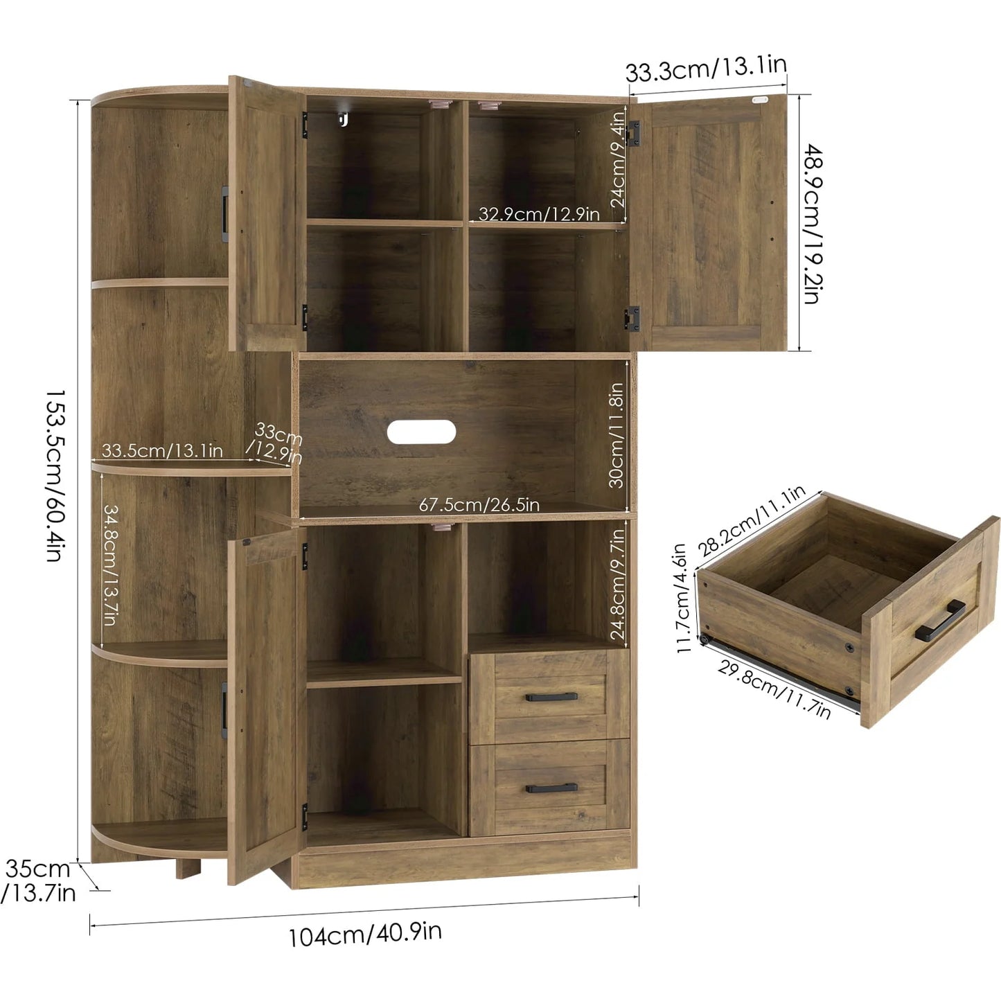 Homfa Large Kitchen Pantry Buffet, Freestanding Storage Cabinet with Adjustable Shelves for Dining Room, Rustic Brown