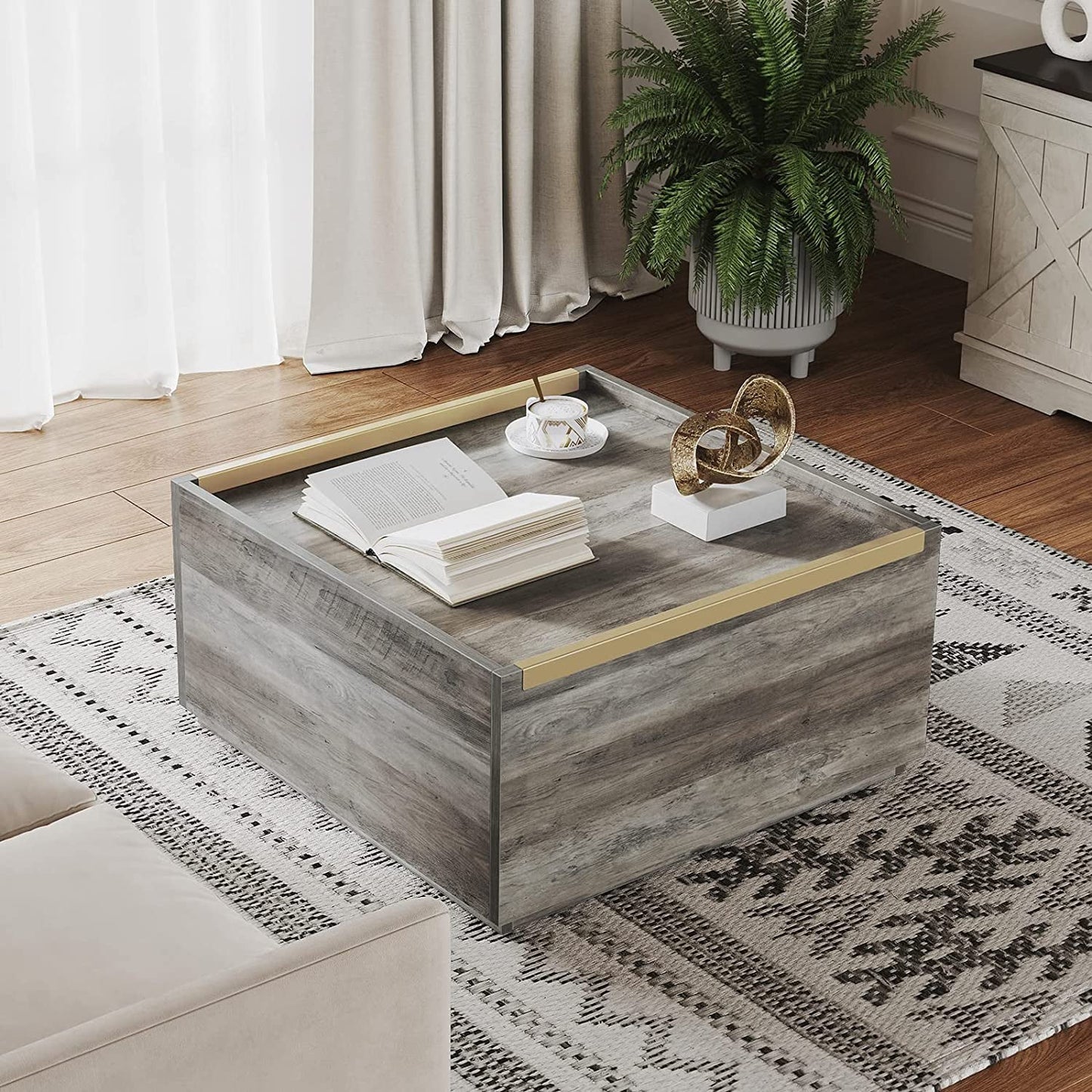 Dextrus Square Coffee Table with Storage, Manhattan Gate Center Table for Living Room, Bedroom, Grey Wash