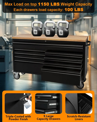 M optimized 61" Rolling Tool Chest with 9 Drawers, Lockable Tool Cabinet with Wheels, Mobile Workbench for Garage and Workshop Storage, Large Rolling Tool Chest