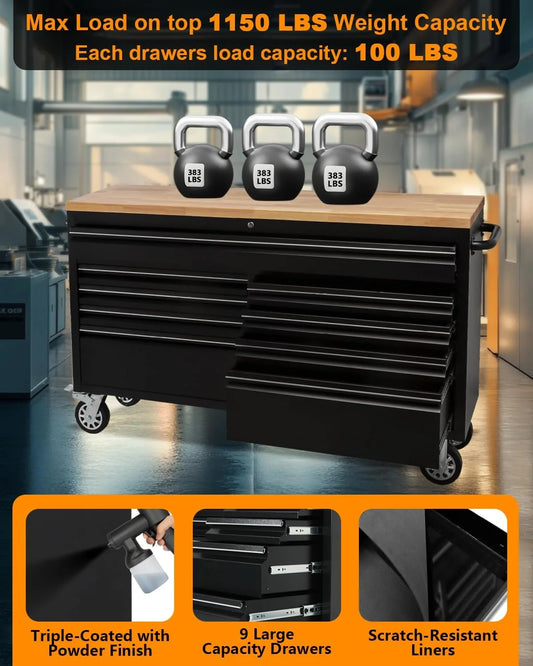M optimized 61" Rolling Tool Chest with 9 Drawers, Lockable Tool Cabinet with Wheels, Mobile Workbench for Garage and Workshop Storage, Large Rolling Tool Chest