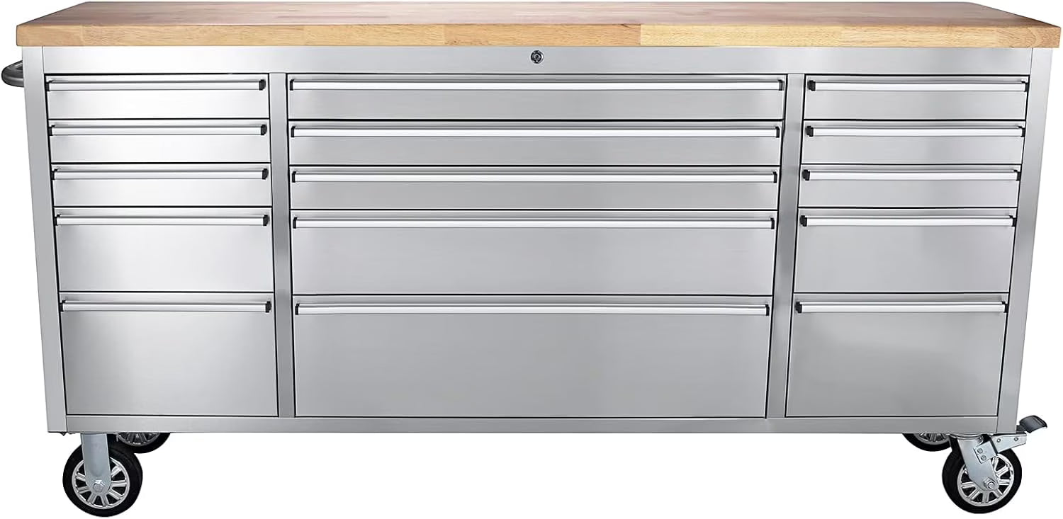 Kojooin 72-Inch Rolling Tool Cabinet, Large Rolling Tool Chest with 15-Drawer and Mobile Workbench, Heavy Duty Steel Storage Cabinet with Locking System for Warehouse, Garage, Basement
