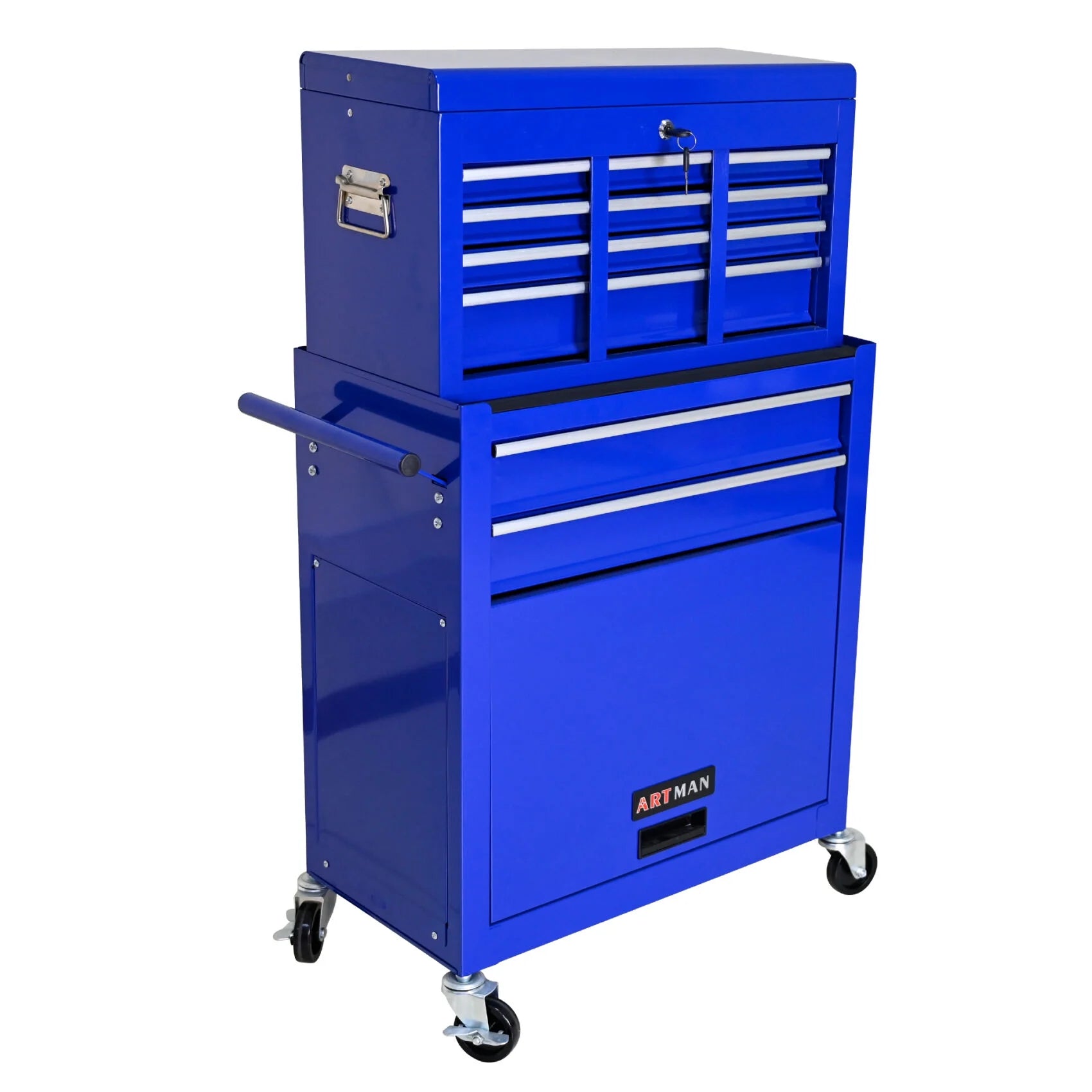 Multifunctional 8 Drawer Rolling Tool Chest with Pull Handle and Brake, Steel Construction Tool Cart with Storage Cabinet and Holidng Panel for Garage, Warehouse, Workshop, Repair Shop, Navy Blue