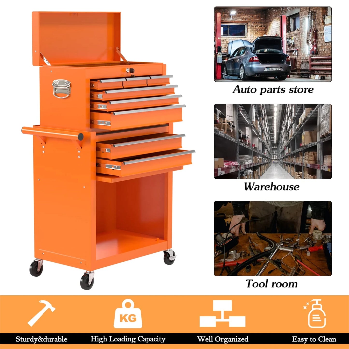 Aukfa Tool Chest, 2 in 1 Steel Rolling Tool Box & Cabinet On Wheels for Garage, 8-Drawer, Orange