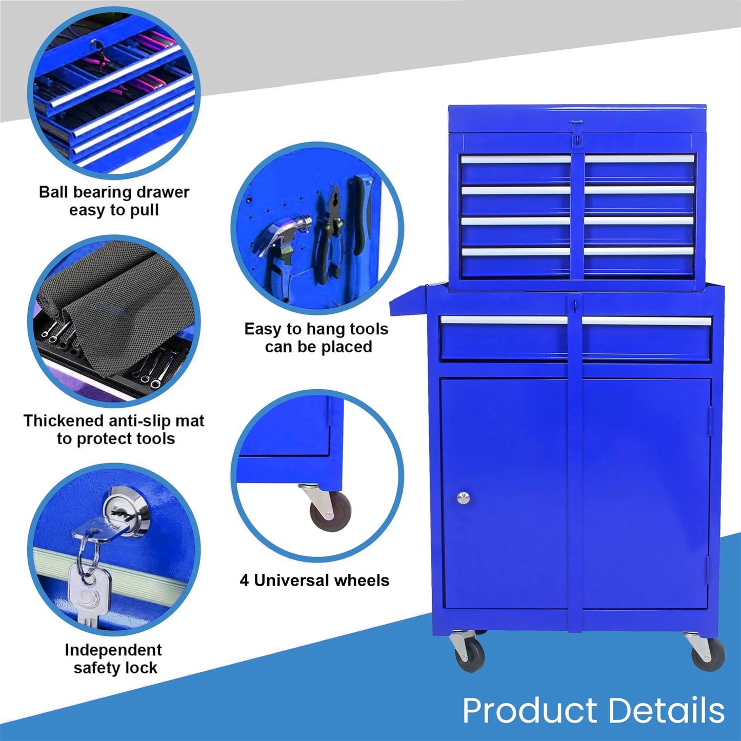 Aukfa Tool Box, 2 in 1 Steel Rolling Tool Chest & Cabinet On Wheels for Garage, 5-drawer, Blue
