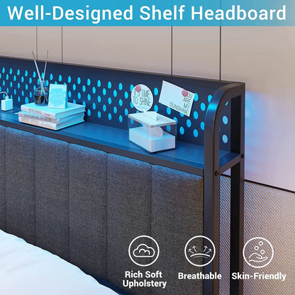 Tiptiper Queen Bed Frame with Storage Headboard, LED Bed Frame with Drawers, Upholstered Metal Platform Bed with USB Ports and Charging Outlets, No Squeak, Vertical Channel Tufting, Dark Gray
