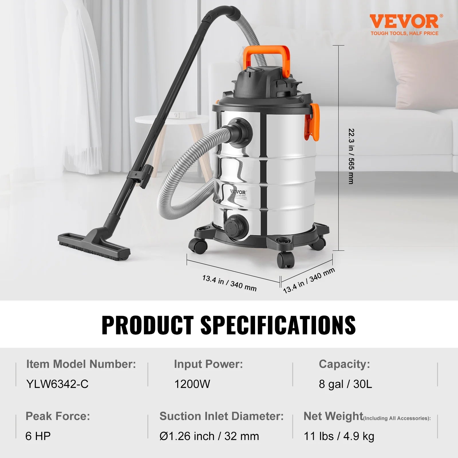 VEVOR Stainless Steel Wet Dry Shop Vacuum, 8 Gallon 6 Peak HP Wet/Dry Vac, Powerful Suction with Blower Function w/Attachment 2-in-1 Crevice Nozzle, Small Shop Vac Perfect for Carpet Debris