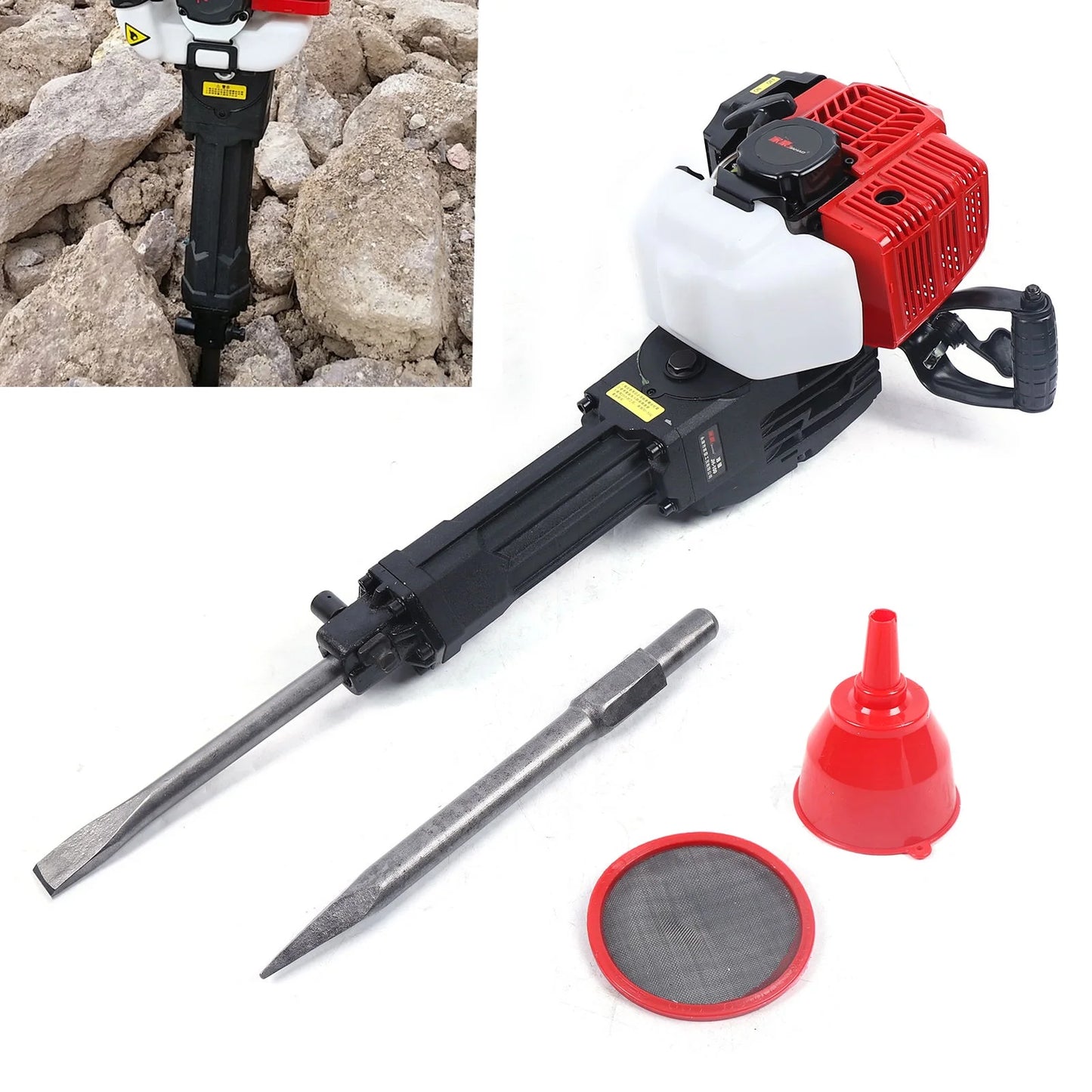 Wuzstar 52cc 2 Stroke Gas Demolition Jack Hammer Concrete Breaker Drill with 2 Chisels 6500RPM 1900W