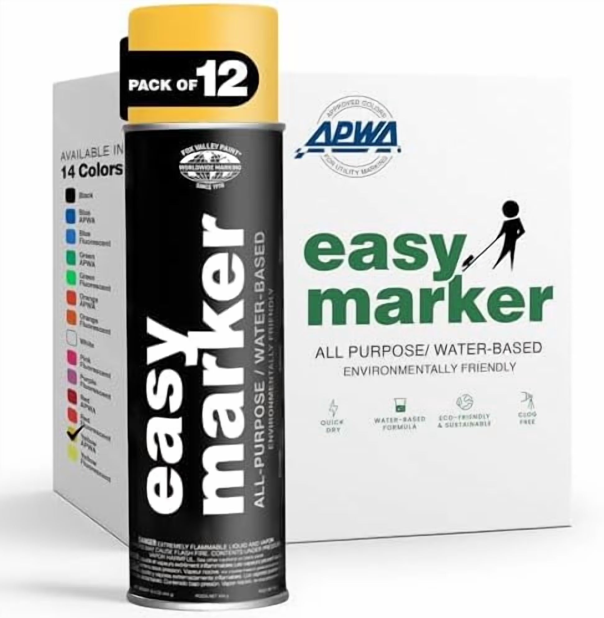 Fox Valley Easy Marker Inverted Marking Spray Paint, Yellow Fluorescent - 18 oz (Pack of 12), Upside Down Marking Paint for Grass & Tree Marking, Parking Lot, Quick Drying & Durable