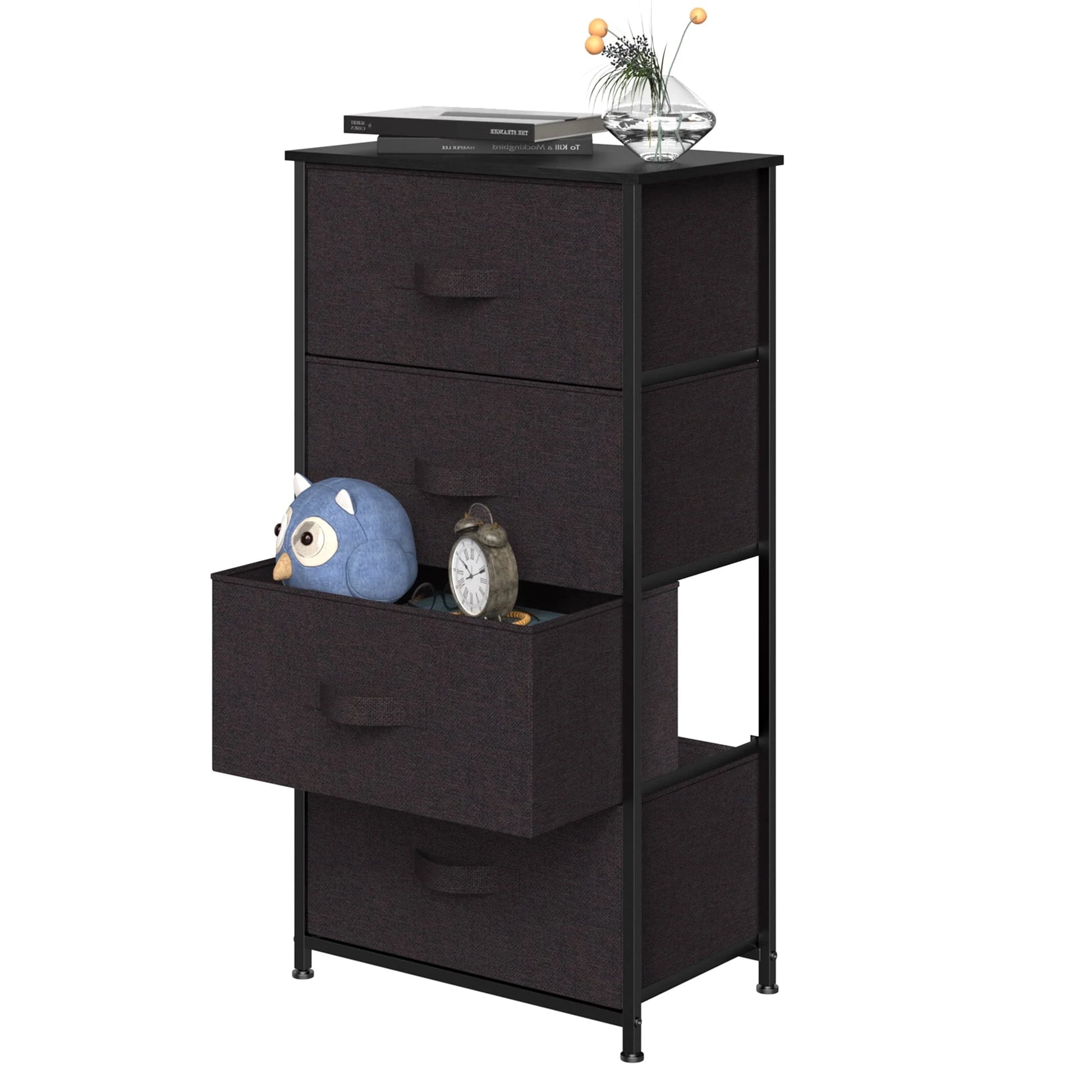 YINTATECH 4 Drawers Dresser Shelf Organizer Bedroom Bedside Storage Tower Black Grey