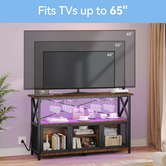 Dextrus 55" Wine Bar Cabinet with LED Lights Power Outlets, Industrial Coffee Bar Cabinet with Storage and Goblet Stand Sideboard Buffet Cabinet for Living Room Kitchen Dining Room