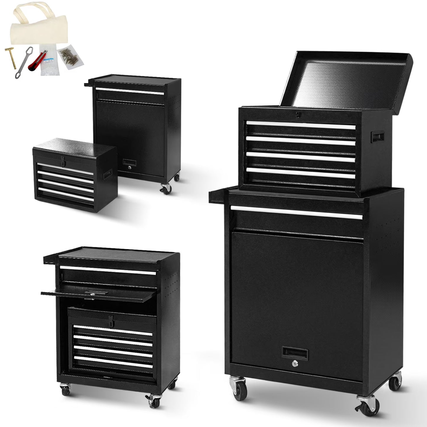 Rolling Tool Box, 5-Drawer Tool Chest On Wheels, Heavy Duty Garage Storage Cabinet with Top Box, 154pcs tools, Detachable Tool Organizer Lockable