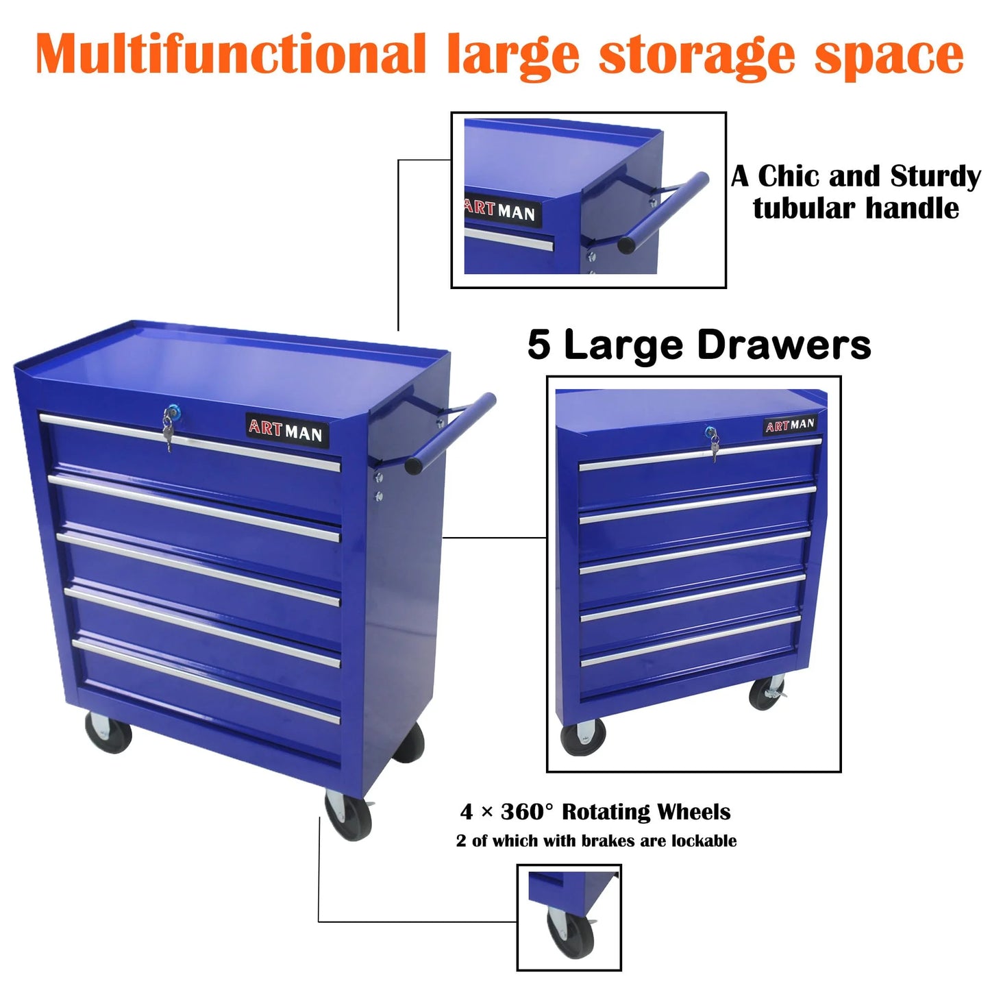 NIGSQJB 5 Large Drawers Tool Cart on Wheels, 29.9"H Rolling Tool Chest Tool Storage Box, Drawers Rolling Tool Trolley Organizer Tool Case for Garage, Warehouse, Workshop and Repair Shop, Blue