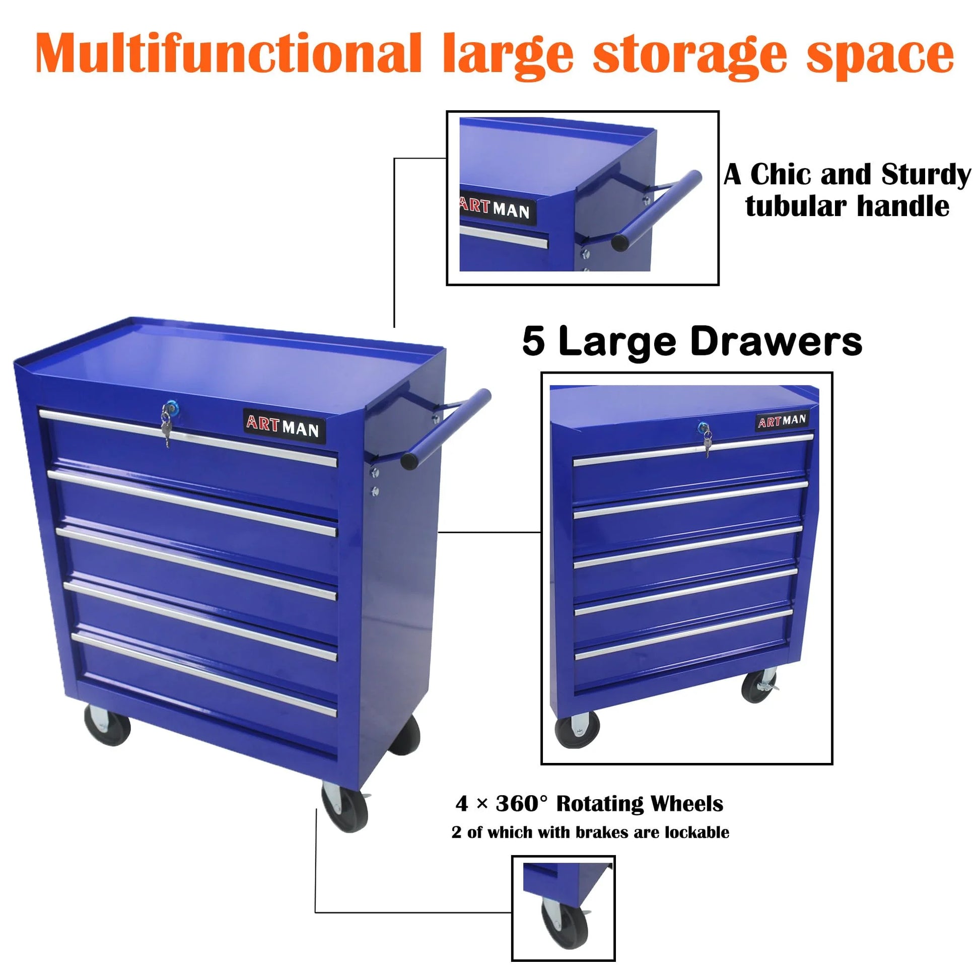 NIGSQJB 5 Large Drawers Tool Cart on Wheels, 29.9"H Rolling Tool Chest Tool Storage Box, Drawers Rolling Tool Trolley Organizer Tool Case for Garage, Warehouse, Workshop and Repair Shop, Blue