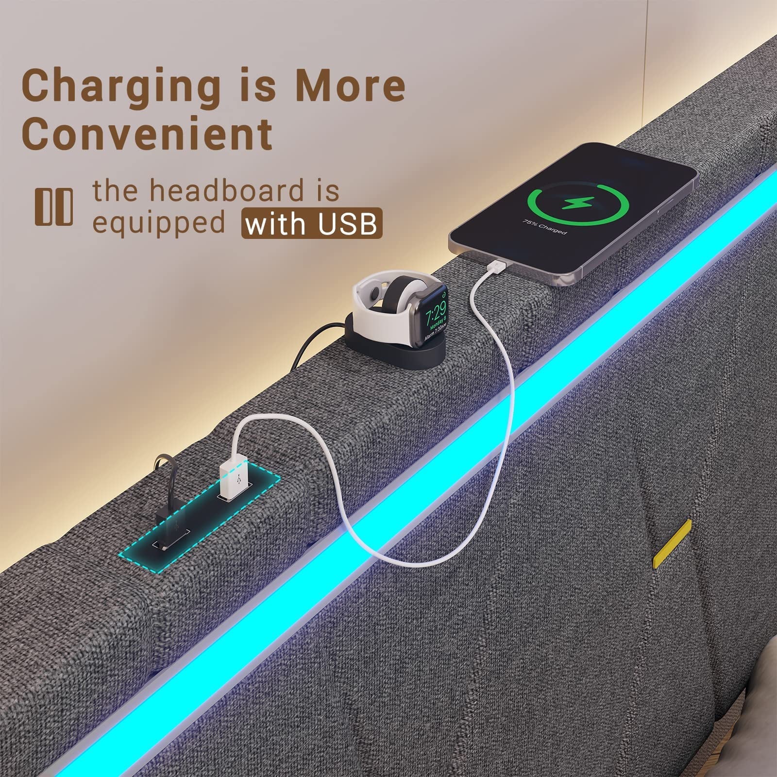 Tiptiper Queen Size Bed Frame with 2 USB Charging Station, Upholstered LED Bed Frame with 4 Drawers, Platform Storage Bed with LED Lights Headboard & Footboard, No Box Spring Needed, Dark Gray