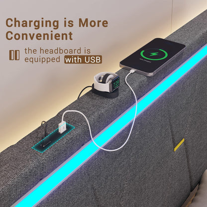 Tiptiper Queen Size Bed Frame with 2 USB Charging Station, Upholstered LED Bed Frame with 4 Drawers, Platform Storage Bed with LED Lights Headboard & Footboard, No Box Spring Needed, Dark Gray