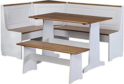 Linon Ardmore Wood Corner Dining Breakfast Nook with Table and Storage, Seats 5-6, White and Natural Finish