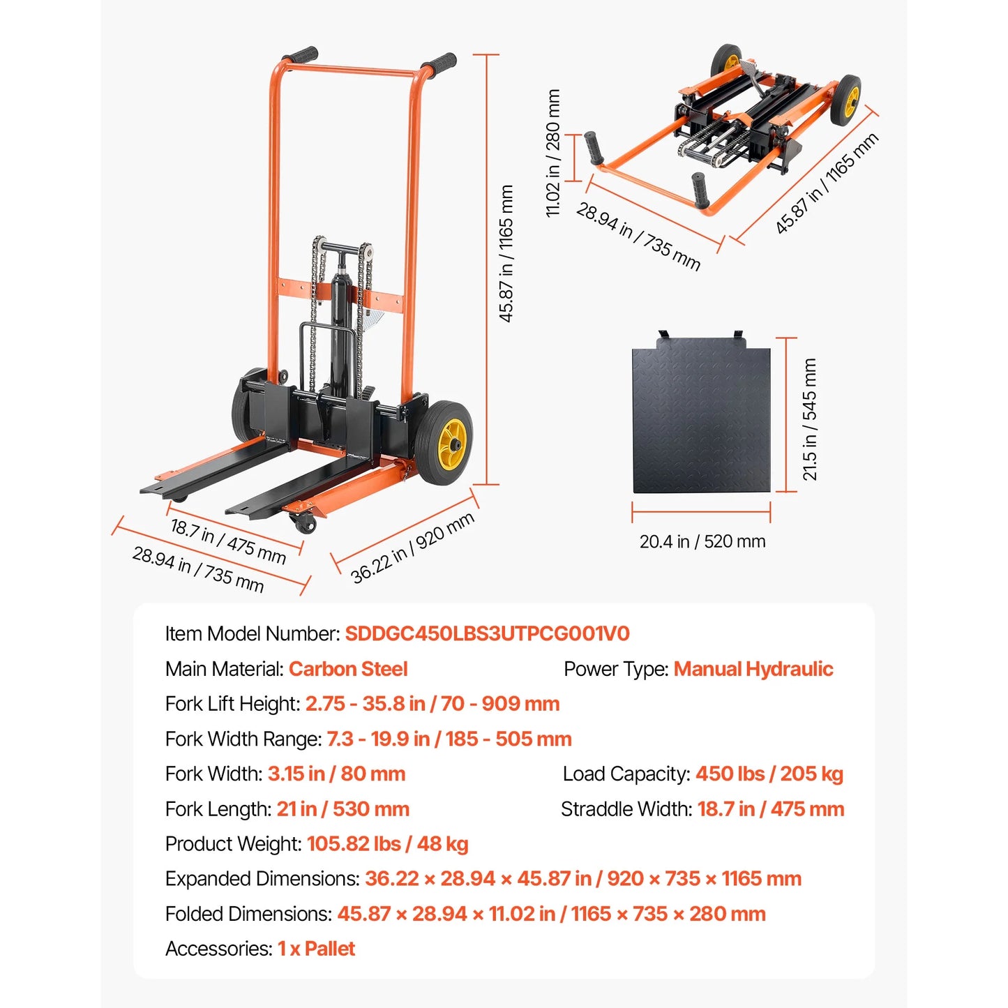 KFFKFF Hydraulic Material Lift Stacker, 450 lbs Capacity, Pallet Truck with Fork Lift Table, 35.8-Inch Max Height, Foldable & Portable Table Cart, Yellow & Black
