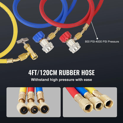 VEVOR 1/4 HP 4.5 CFM AC Vacuum Pump and Gauge Set, Single Stage Rotary Vane HVAC Air Vacuum Pump A/C?RefrigerantKit Manifold Gauge Set, with Three-Color Hose Carry Bag, Applicable to R134a, R410a