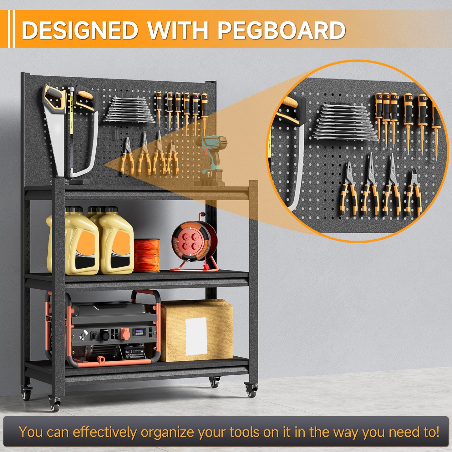 Workbench with Pegboard, 48" H Heavy Duty Steel Tool Workbench with Wheels, Metal Tool Work Bench for Garage Warehouse Workshop