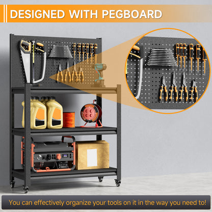 Workbench with Pegboard, 48" H Heavy Duty Steel Tool Workbench with Wheels, Metal Tool Work Bench for Garage Warehouse Workshop