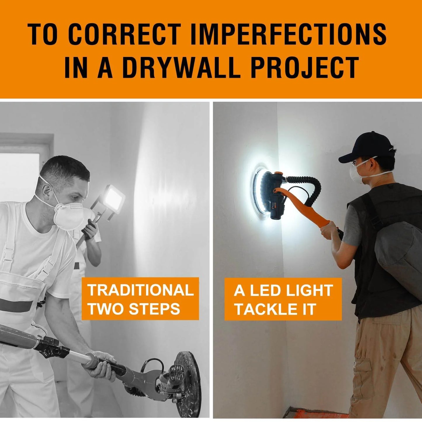 Drywall Sander with Vacuum Dust Collection, 6 Variable Speed Foldable Telescopic Electric Wall Sander, Popcorn Ceiling Removal Tool, 1900RPM Power Sander Tool, LED Light, 18Pcs Sanding Discs,Power D
