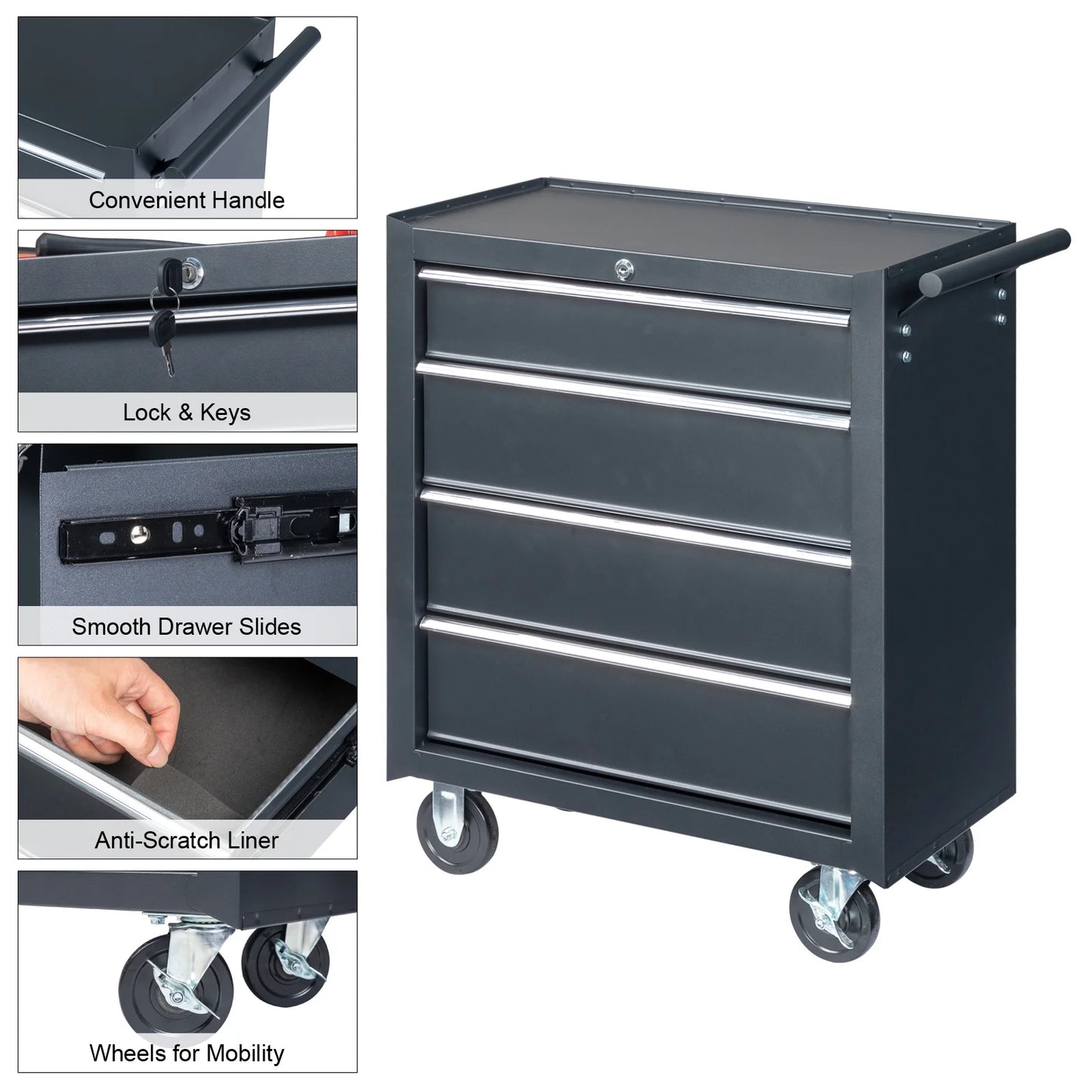 Ktaxon 4-Drawer Tool Chest Rolling Tool Cabinet with Wheels, Black - Portable