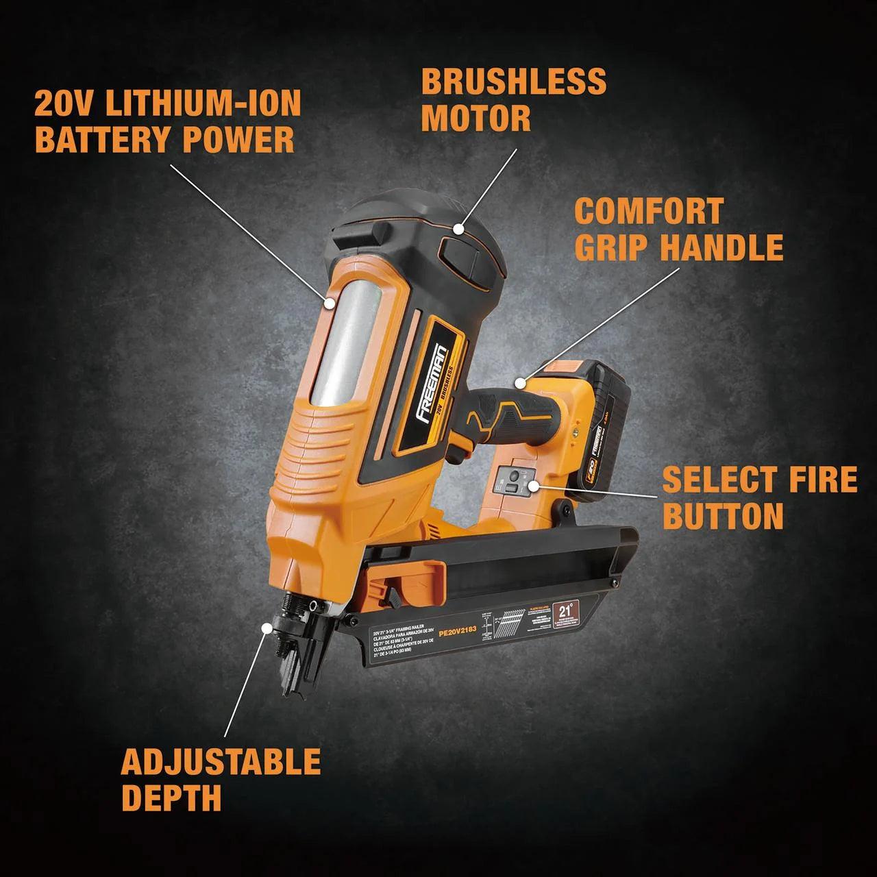 Freeman PE20V2183 20 Volt Cordless and Brushless 21 Degree 3-1/4" Framing Nailer Kit with Lithium Ion Battery, Charger, and Bag - 750 Shots per Charge