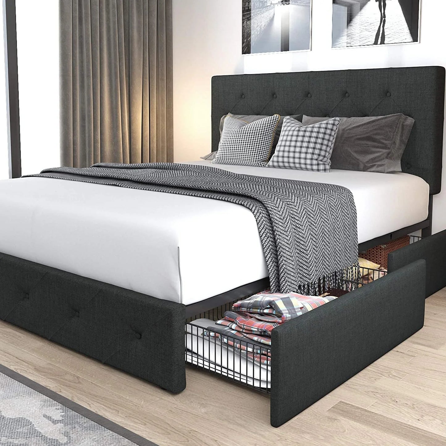 Allewie Queen Platform Bed Frame with 4 Drawers Storage and Headboard, Diamond Stitched Button Tufted Upholstered Mattress Foundation with Wood Slat Support, Dark Grey