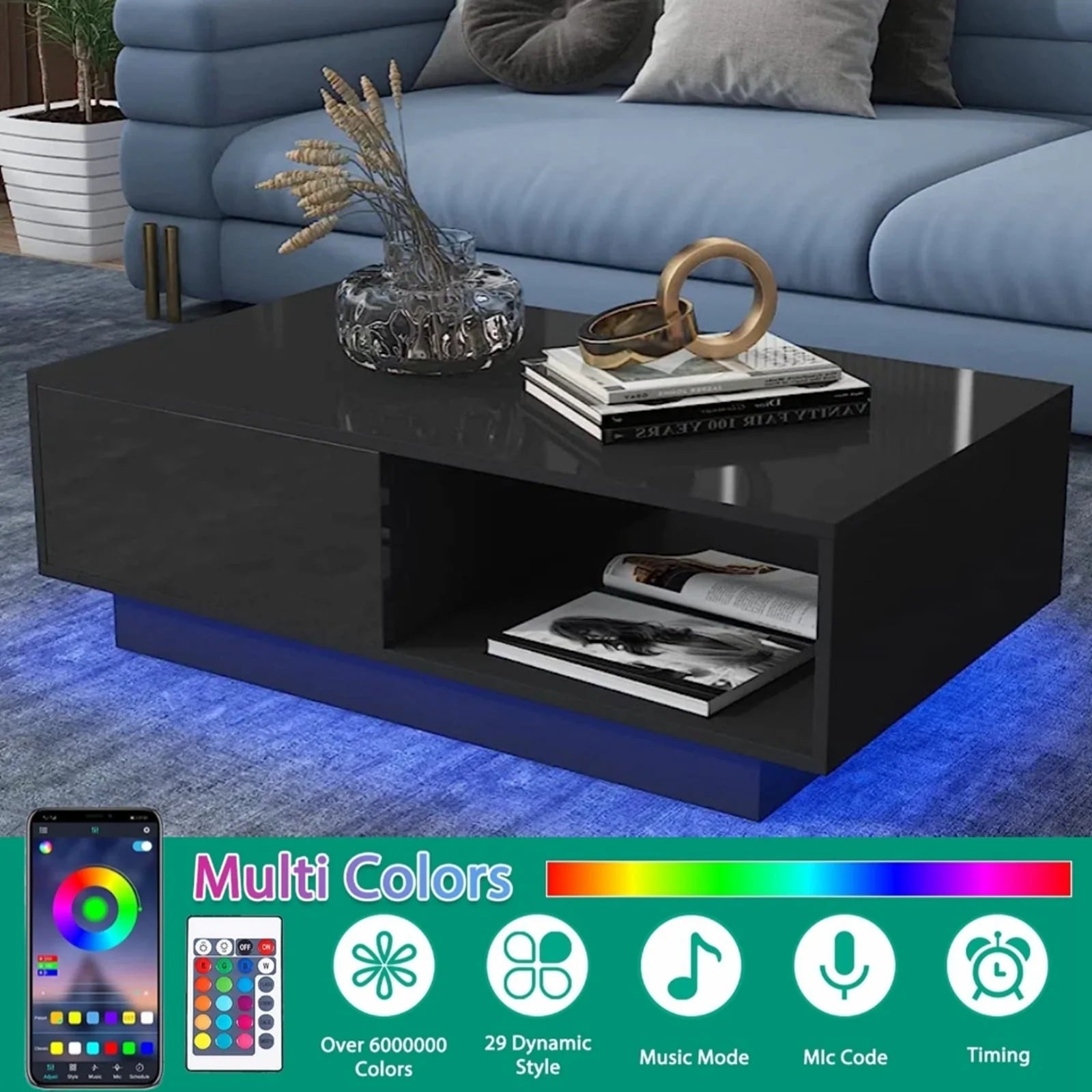 Hommpa High Gloss Black Coffee Table with 2 Drawers LED Sofa Side End Tea Table Modern Living Room Furniture with Storage Space