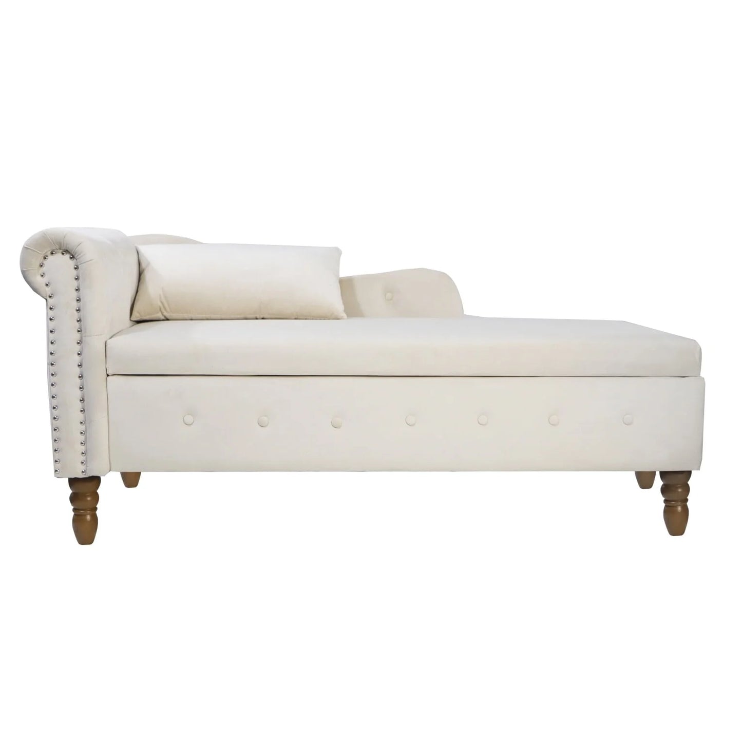 Indoor Velvet Chaise Lounge with Hidden Storage, Modern 58" L Upholstered Rolled Arm Chaise Chair with 1 Pillow and Solid Wood Legs for Living Room Bedroom Office (Beige)