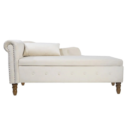Indoor Velvet Chaise Lounge with Hidden Storage, Modern 58" L Upholstered Rolled Arm Chaise Chair with 1 Pillow and Solid Wood Legs for Living Room Bedroom Office (Beige)