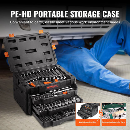 VEVOR Mechanics Tool Set and Socket Set, 1/4" 3/8" 1/2" Drive Deep and Standard Sockets, 450 Pcs SAE and Metric Mechanic Tool Kit with Bits, Hex Wrenches, Combination Wrench,Accessories,Storage Case