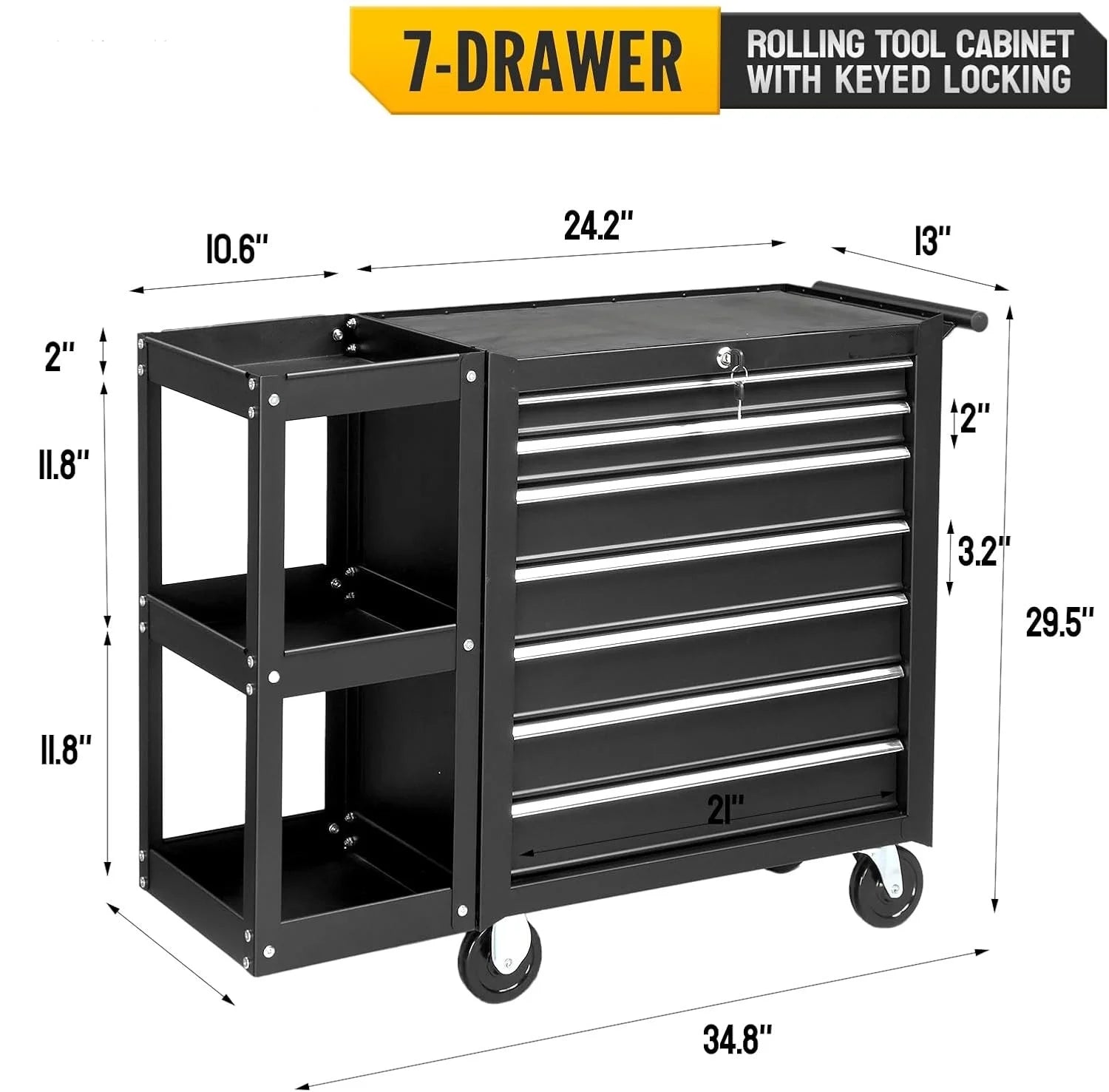 Ktaxon 7-Drawer Rolling Tool Chest with Side Shelves, Tool Storage Side Cabinet w/Lockable Wheels, for Warehouse Garage Repair Shop