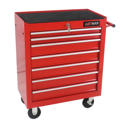 7-Drawer Metal Rolling Tool Chest with Wheels, Tool Storage Cabinet with Locking System, Toolbox with Wheels for Garage, Warehouse, Workshop, Repair Shop, Red