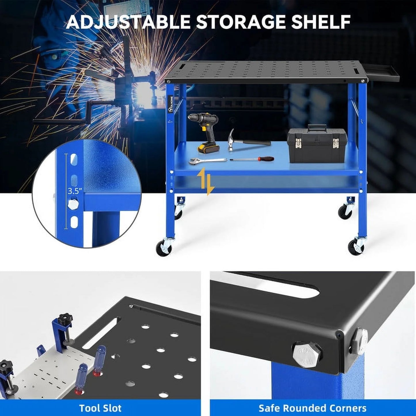 Uforic Welding Table w/360 Degree Swivel Brake Casters, 1200lb Load Capacity Heavy Duty Metal Workbench with 5/8" Holes for Welding Sawing, 36" x 18"