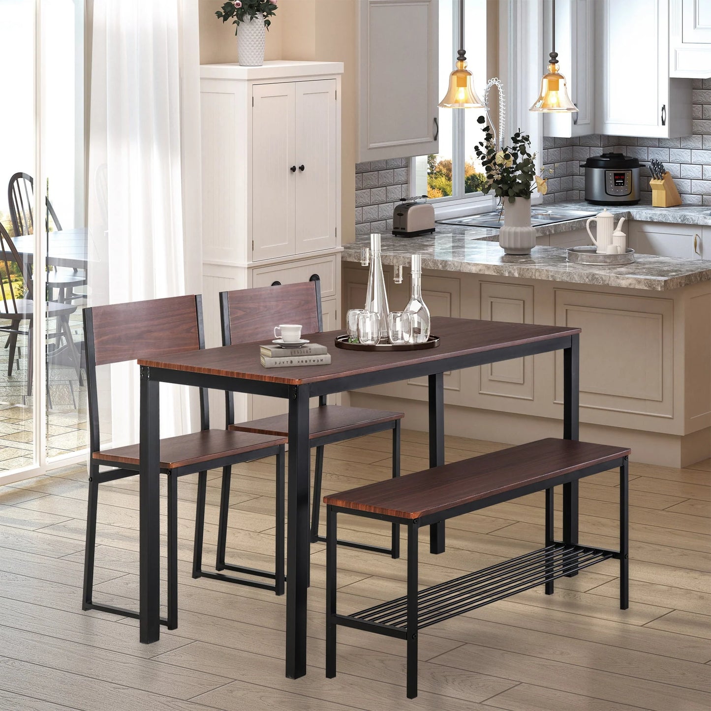 Industrial 4 Piece Dining Room Table Set with Bench Wooden Kitchen Table and Chairs w/Storage Rack