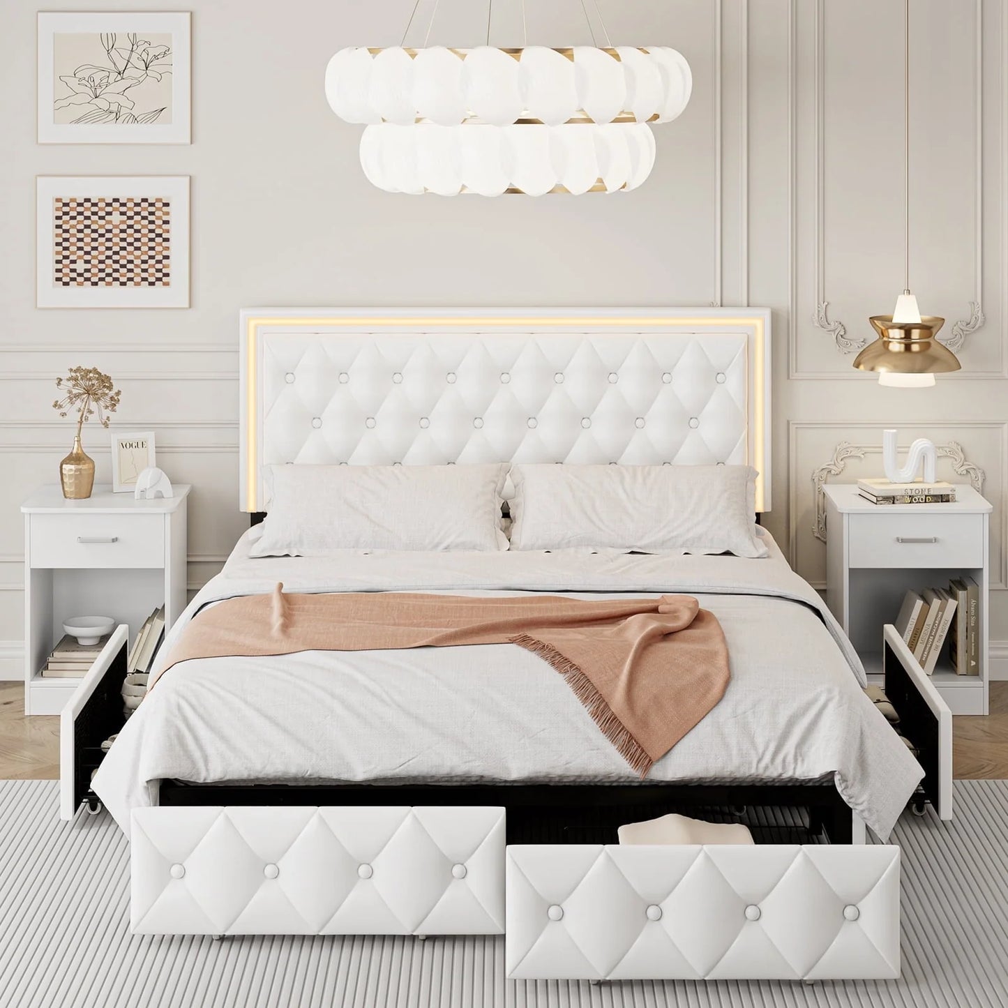 Homfa Queen LED Bed, 9 Colors LED Lights Platform Bed Frame with 4 Storage Drawers, Adjustable Upholstered Headboard with Button Tufted, PU White