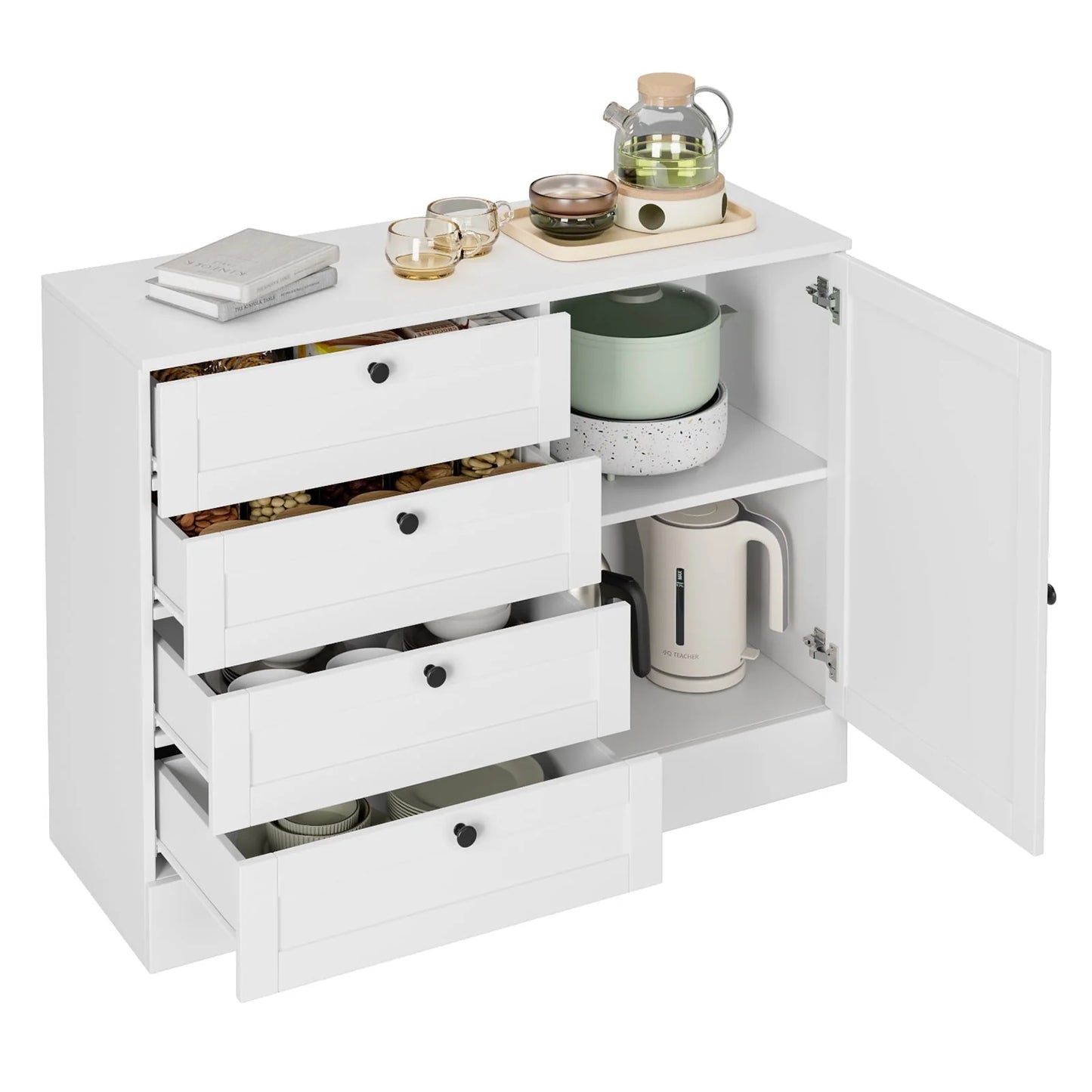 Homfa White Storage Cabinet with 4 Drawers & 1 Door, 43.3'' Wide Chest Sideboard Buffet for Dining Room, Kitchen, Bedroom