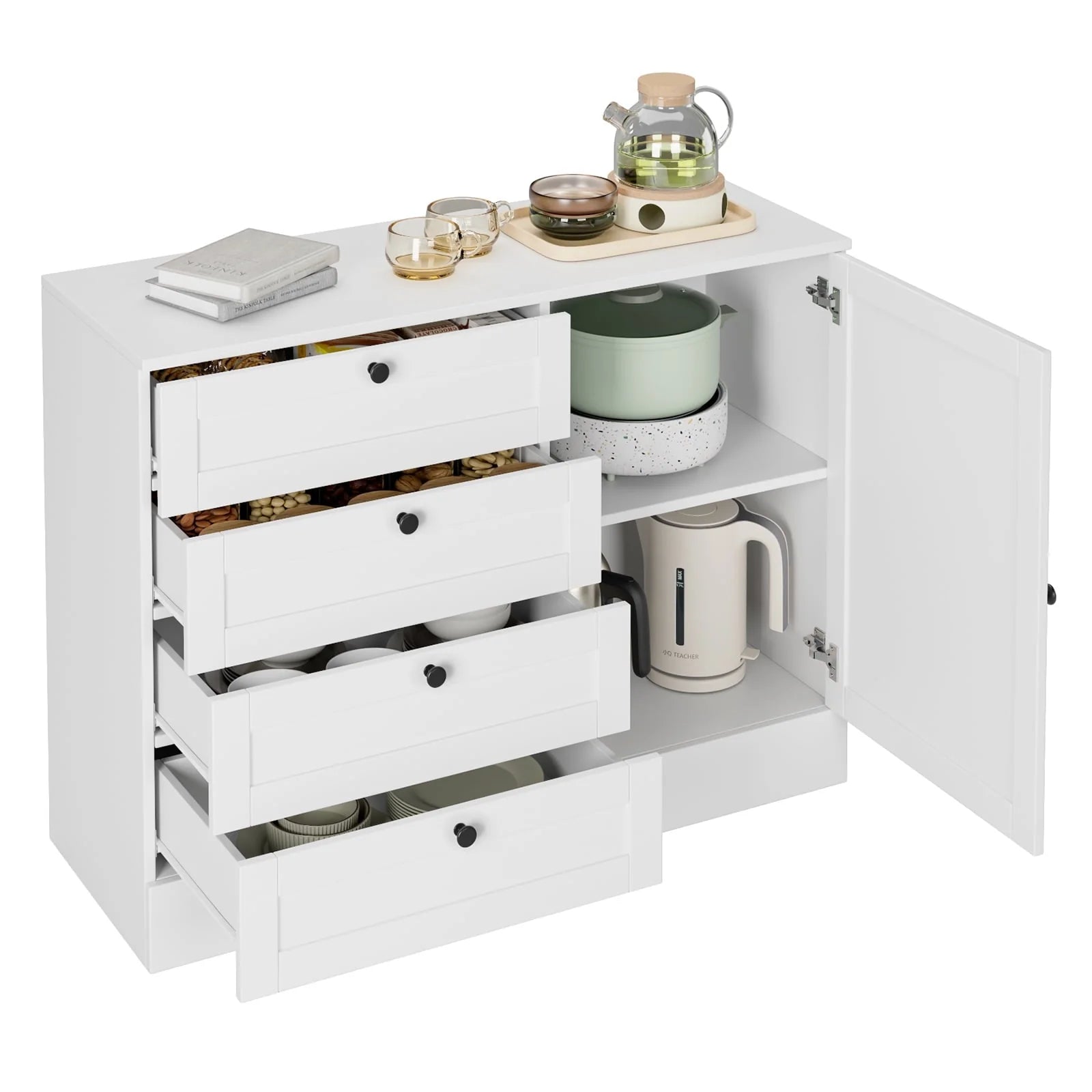 Homfa White Storage Cabinet with 4 Drawers & 1 Door, 43.3'' Wide Chest Sideboard Buffet for Dining Room, Kitchen, Bedroom