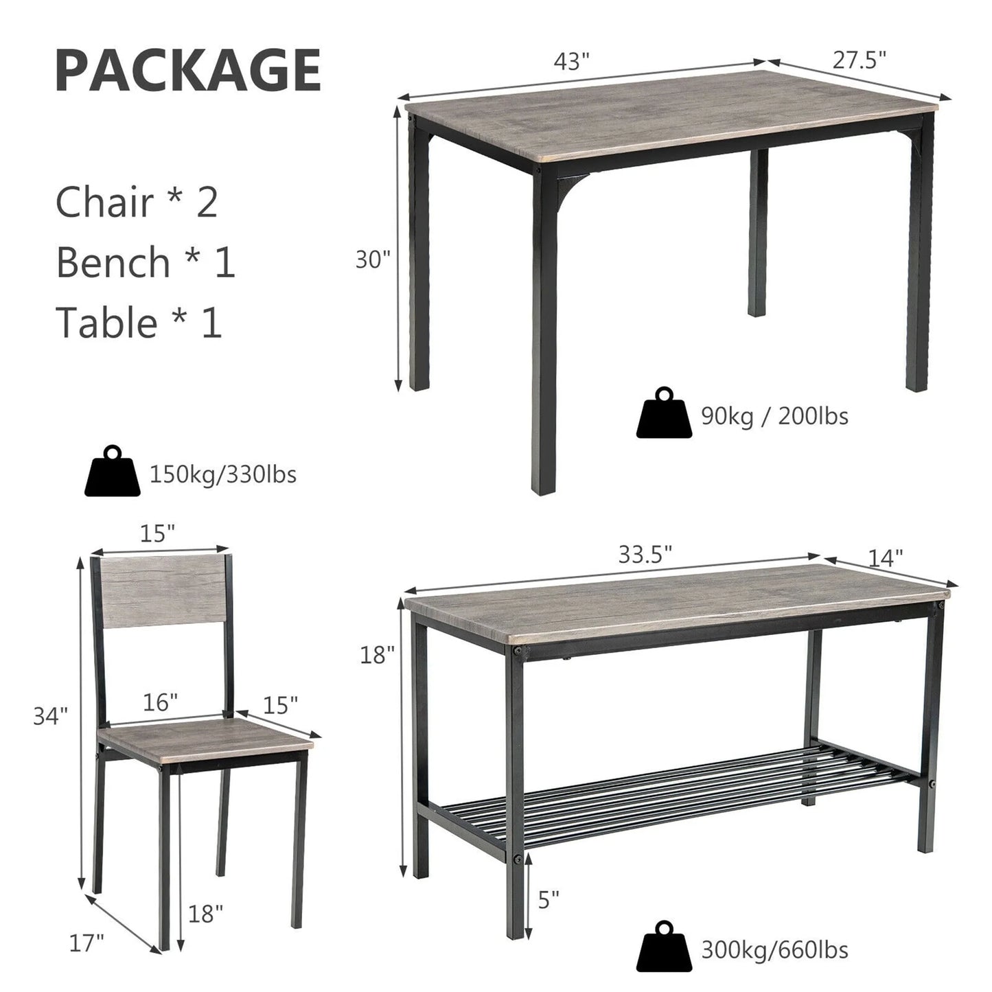 Gymax 4pcs Dining Table Set Rustic Desk 2 Chairs & Bench w/Storage Rack Grey