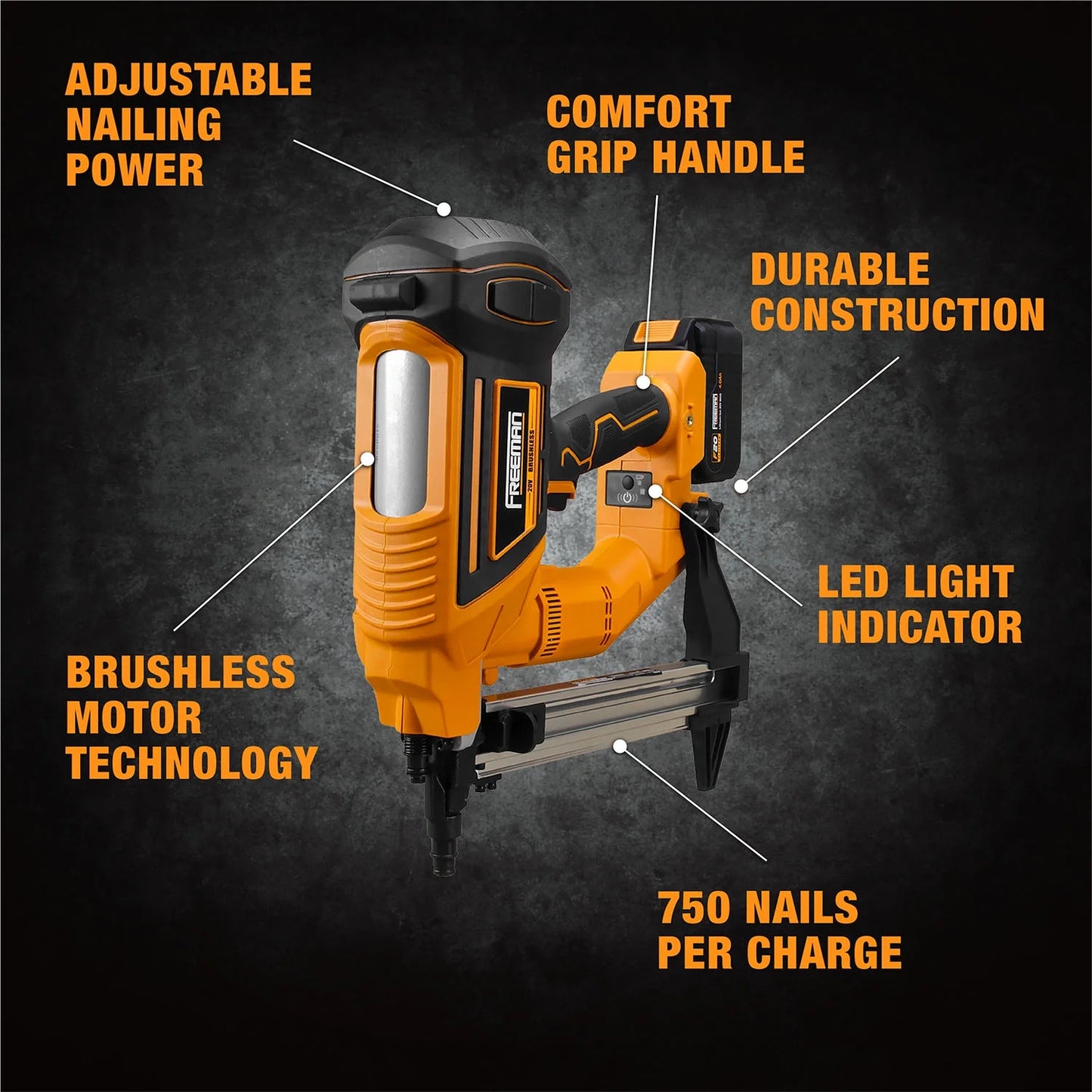 Freeman PE20VCSPN40 20 Volt Cordless and Brushless 1-1/2" Concrete Nailer Kit with Lithium Ion Battery, Charger, and Case - 750 Shots per Charge