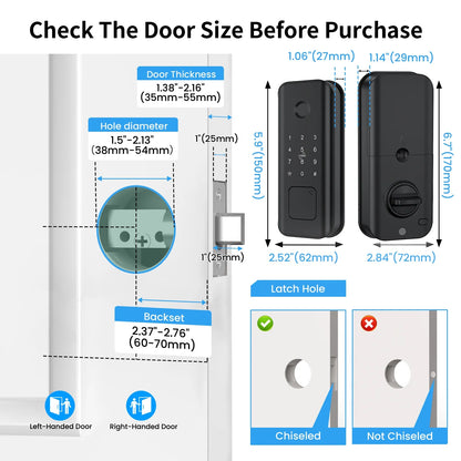 AUOSHI Security Smart Lock Fingerprint Door latch Keyless Entry Wi-Fi Door Lock Wireless Electronic Deadbolt with Touchscreen Keypad doorbell key IC Card App Control IP65 Waterproof Matte Black