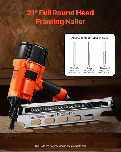 KFFKFF Nail Gun, 2" to 3-1/2" 21 Degree Full Round Head, Pneumatic with Dual Firing Options & No-Tool Depth Modification, 80-120PSI Professional Air Powered Tool for Floor, Deck & Frame Construction
