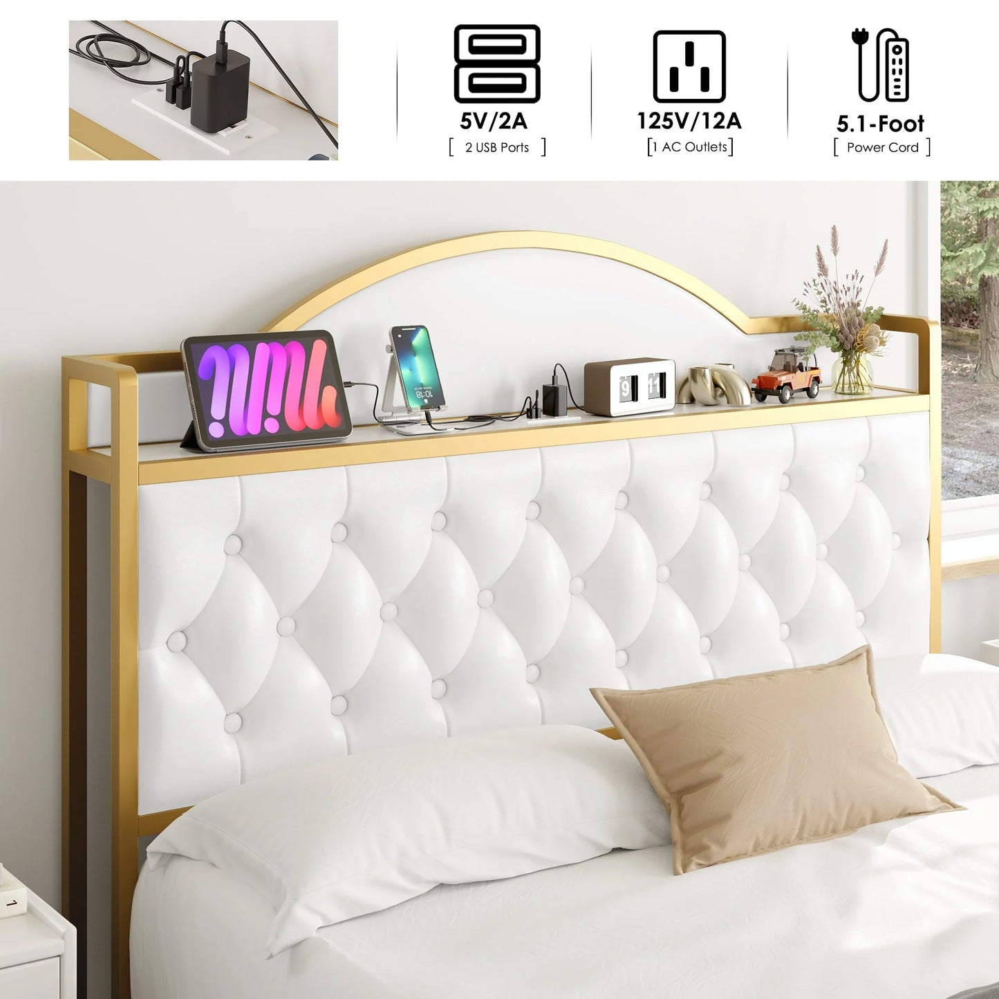 Homfa Queen Size Storage Bed with 2 Drawers, PU Leather Upholstered Bed with Shelving and Charging , White