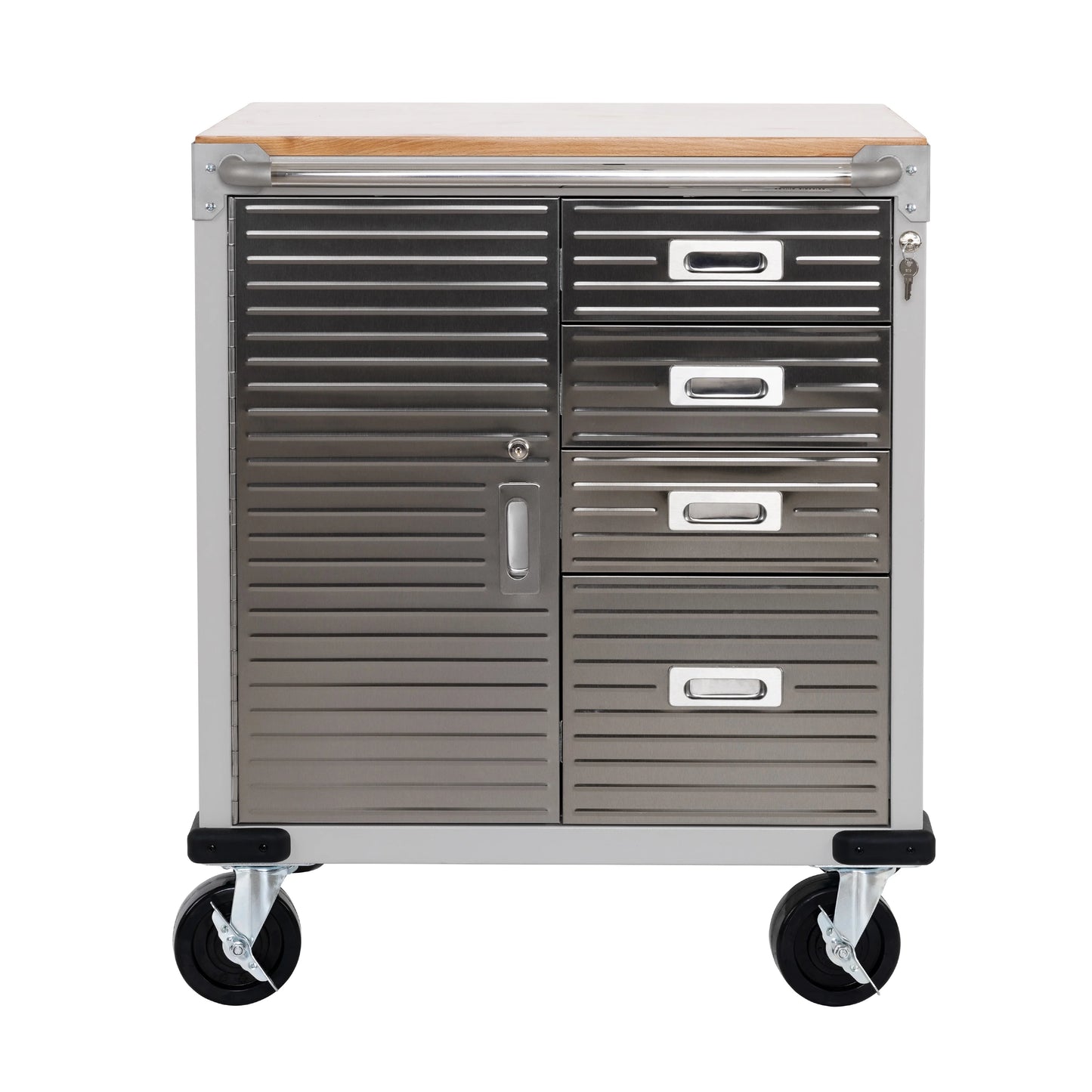 Seville Classics UltraHD® Heavy Duty Rolling Cabinet Workbench Table w/Solid Wood Top, Workstation for Garage, Office, Workshop, Granite, 1-Door, 4-Drawer (28" W x 25" D)