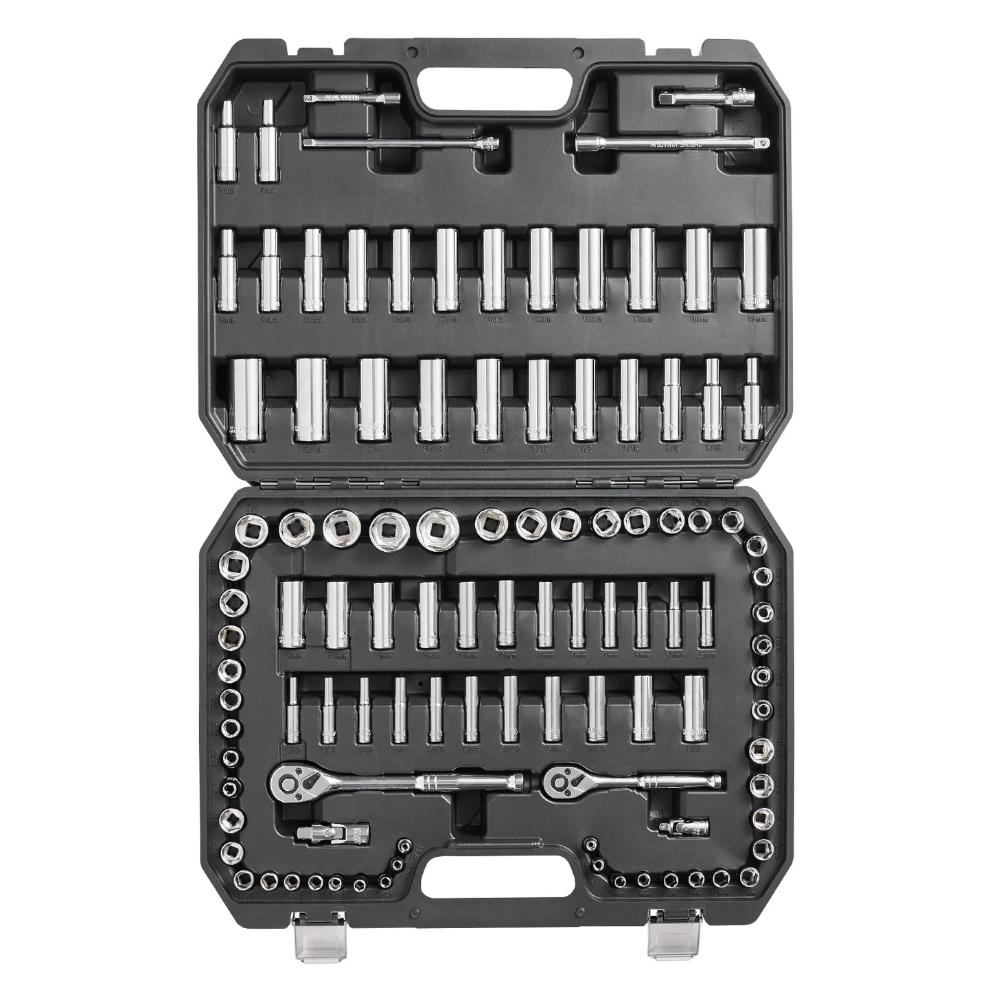 SKYSHALO Socket Set, 1/4" and 3/8" Drive Socket and Ratchet Set, 6-Point Socket Opening, 106 Pcs Tool Set SAE and Metric, Deep and Standard Sockets, 5/32-1 in, 5-19 mm for Auto Repairing & Household
